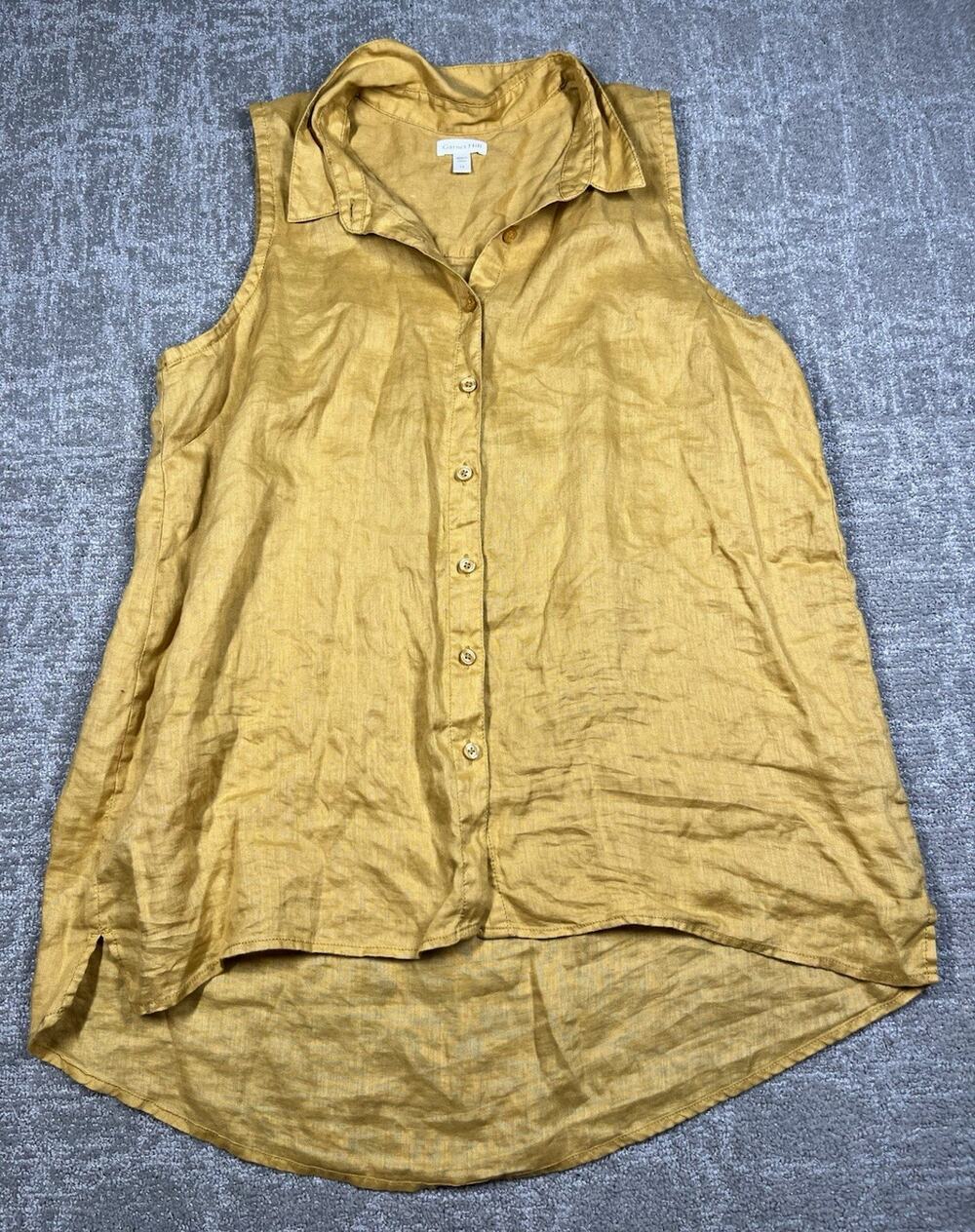 Garnet Hill 100% Linen Mustard Yellow Sleeveless Button Front Top Womens 14
